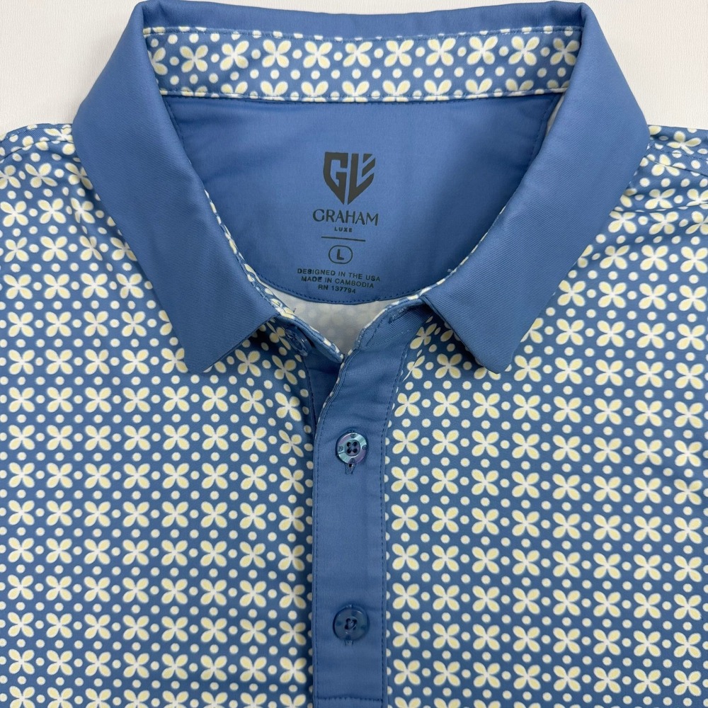 Graham Luxe Polo Shirt Mens Large Blue Floral Geometric Golf Athleisure